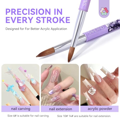 SAVILAND Kolinsky Acrylic Nail Brush Size 6,10,14 with Brush Cleaner Purple | Professional Nail Brushes, Cleaner Manicure Tool, Acrylic Brush Acrylic Powder, Nails Extension 3D Carving for Nail Art DIY