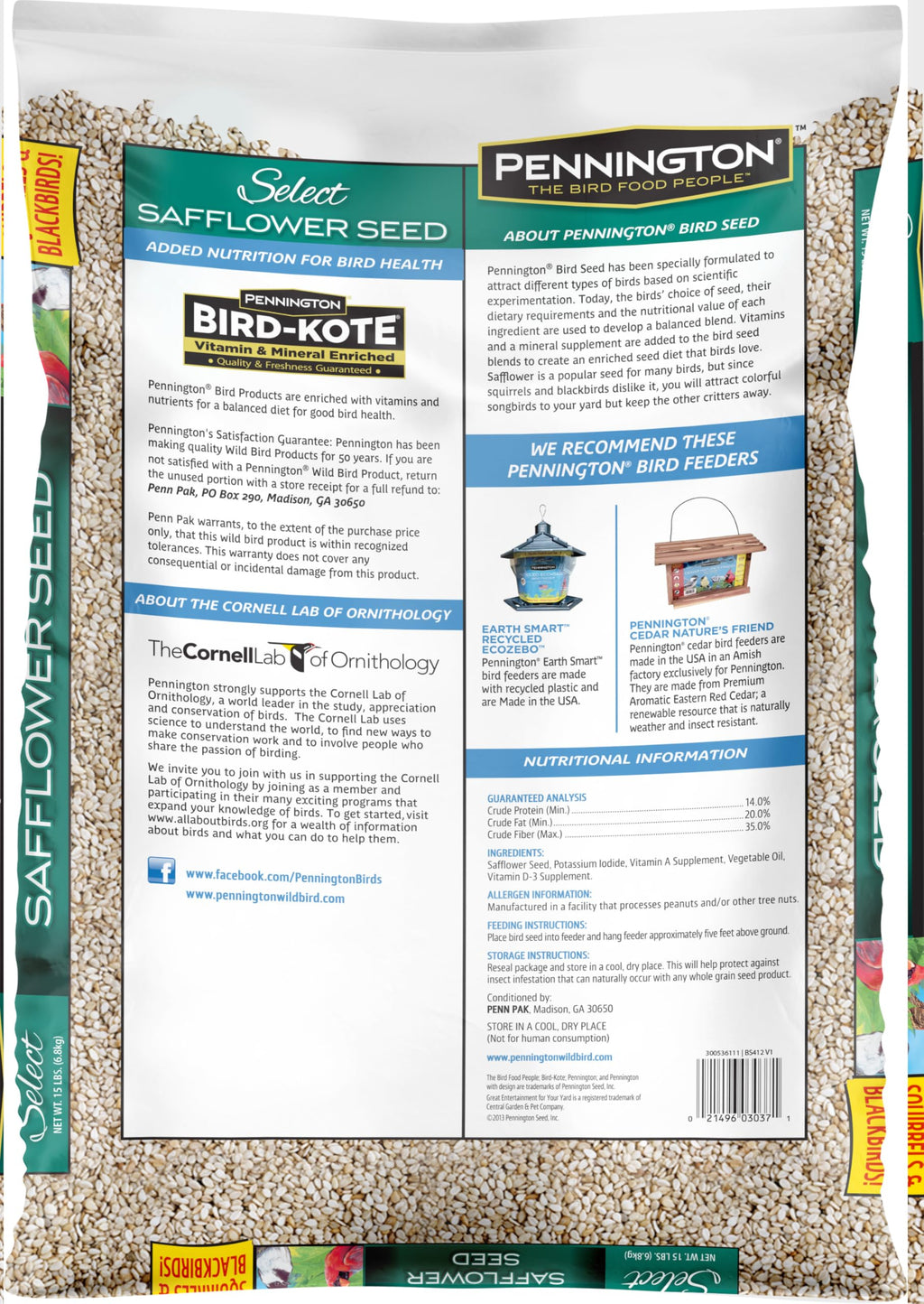 Pennington Select Safflower Seed 15 lb Bag | Bird Seeds for Outside Wild Birds, Enriched with Vitamins and Nutrients, Works in Hopper, Gazebo and Tube Feeders
