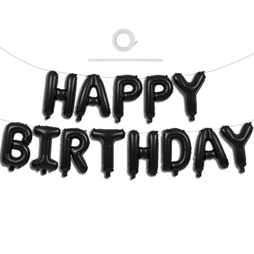 TONIFUL 16 Inch Black Happy Birthday Balloons Banner Decorations for Men | Reusable Foil Letter Birthday Sign Black Birthday Decoration for 16th 30th 50th 60th Boys Adults and Halloween Birthday Party