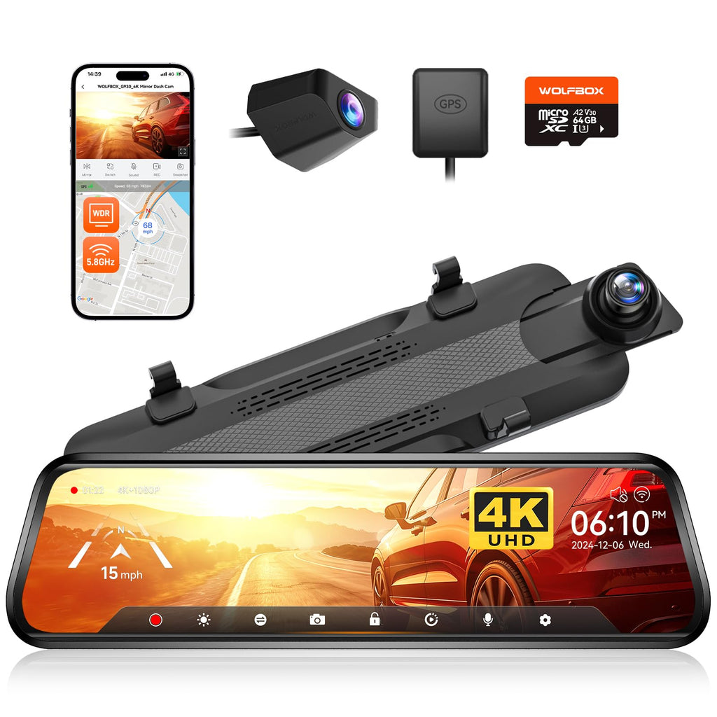 WOLFBOX G930 10'' 4K Rear View Mirror Camera with 64GB Card,5.8GHz WiFi | Dash Cam Front and Rear with WDR,Touch Screen Rearview Mirror Backup Camera,Night Vision,Parking Monitor,Reverse Assist,GPS