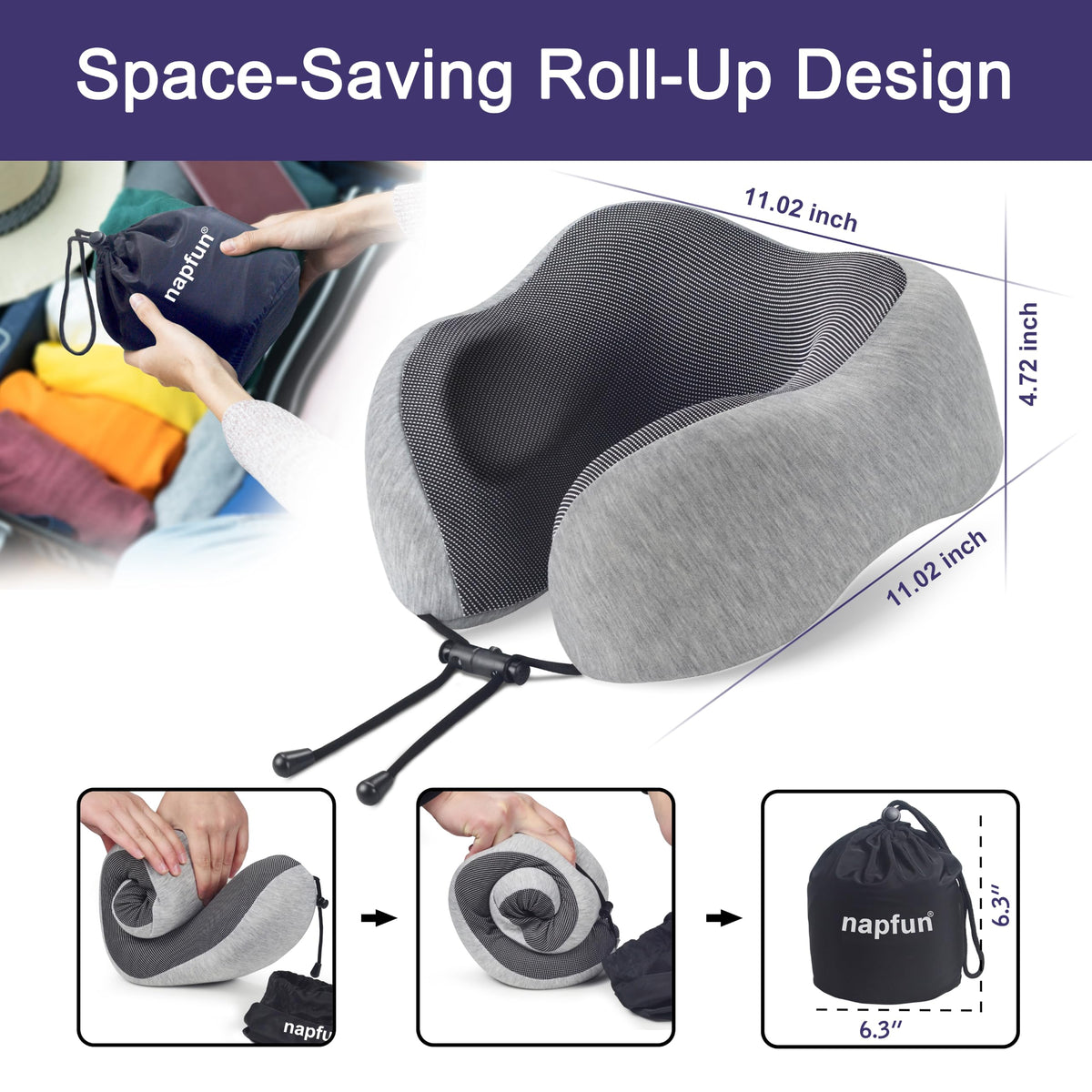 napfun Neck Pillow for Traveling, Upgraded Travel Neck Pillow for Airplane 100% Pure Memory Foam Travel Pillow for Flight Headrest Sleep, Portable Plane Accessories, Light Grey
