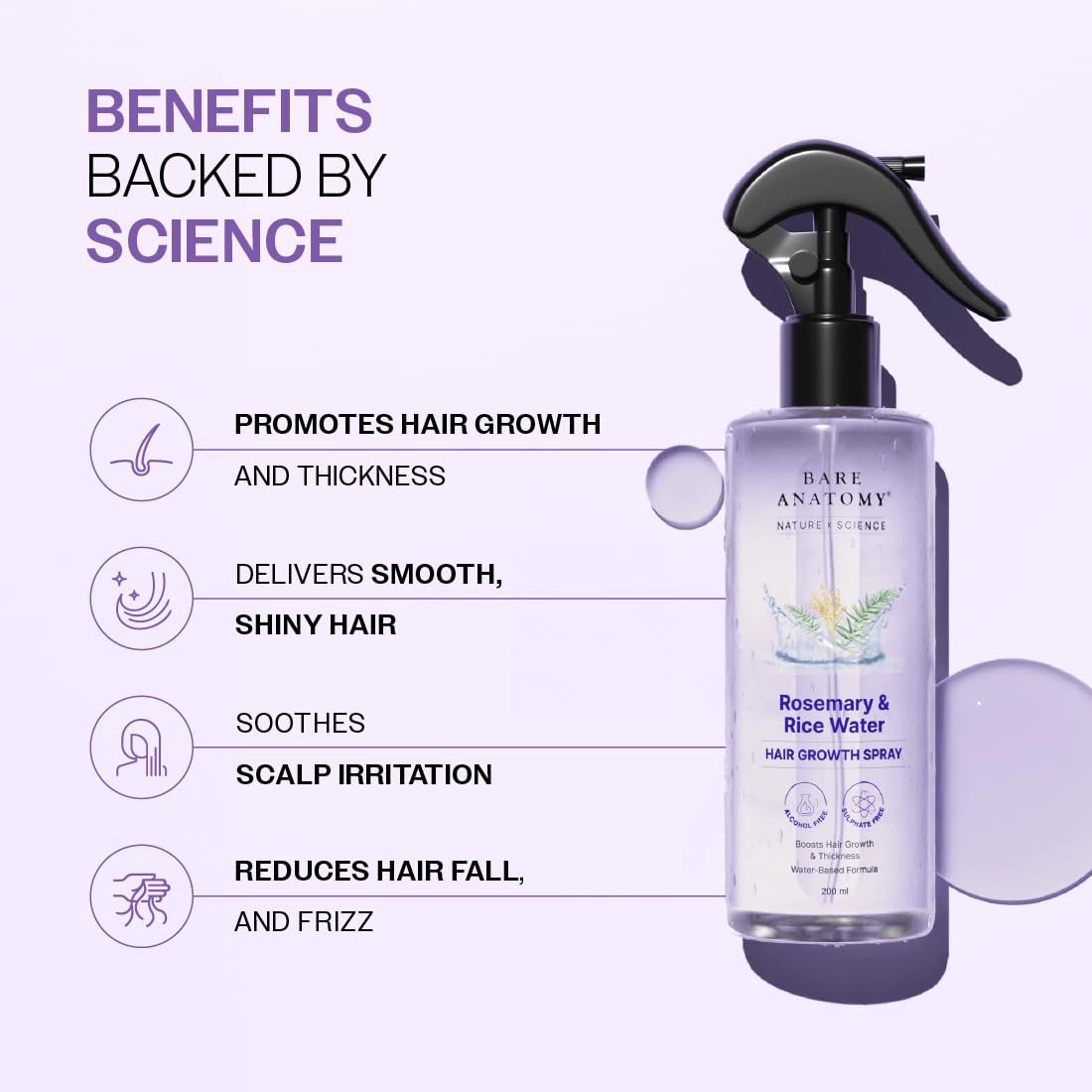 Bare Anatomy Nature x Science Rosemary Water Spray for Hair Growth & Hair Thickness with Rice Water |100% Natural Extract | Soft & Smooth Hair| Controls Hairfall| Non-Greasy & Fast Absorbing | 200ml