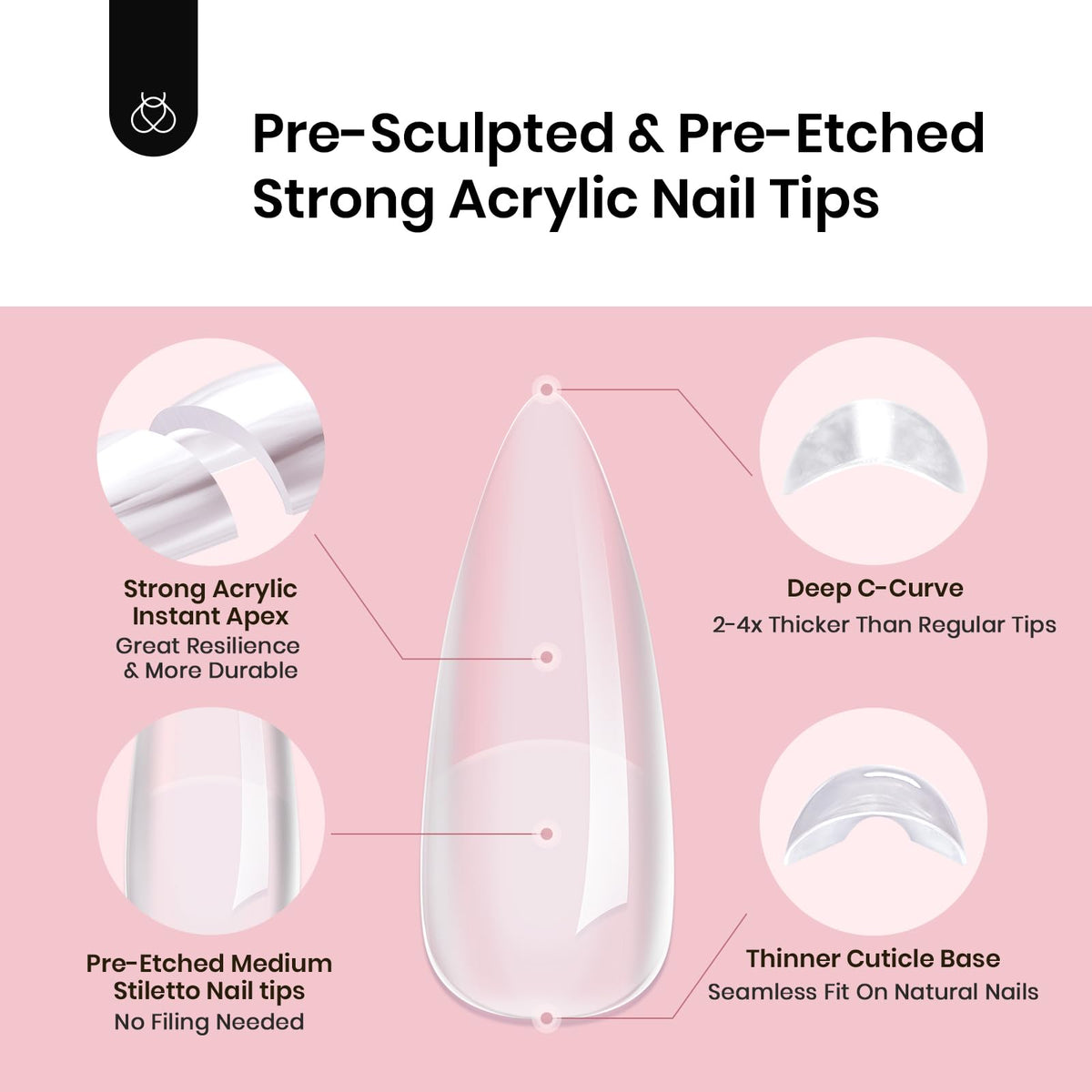 Beetles Tipex Instant Apex Nail Tips, Medium Stiletto 192pcs 16 Sizes 00-14 | No Builder Gel Needed, Etched-free Thicker Strong Acrylic Nails for DIY Salon-look Fake Nail Extensions