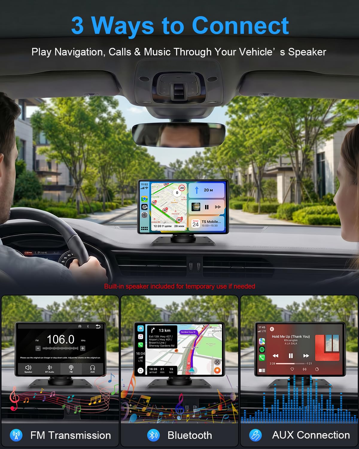 9" CarPlay Screen for Car, Wireless Apple CarPlay & Android Auto | with 1080P Backup Camera, Night Vision, Mirror Link, Voice Control, Bluetooth/FM/AUX Audio, Portable Touchscreen Display