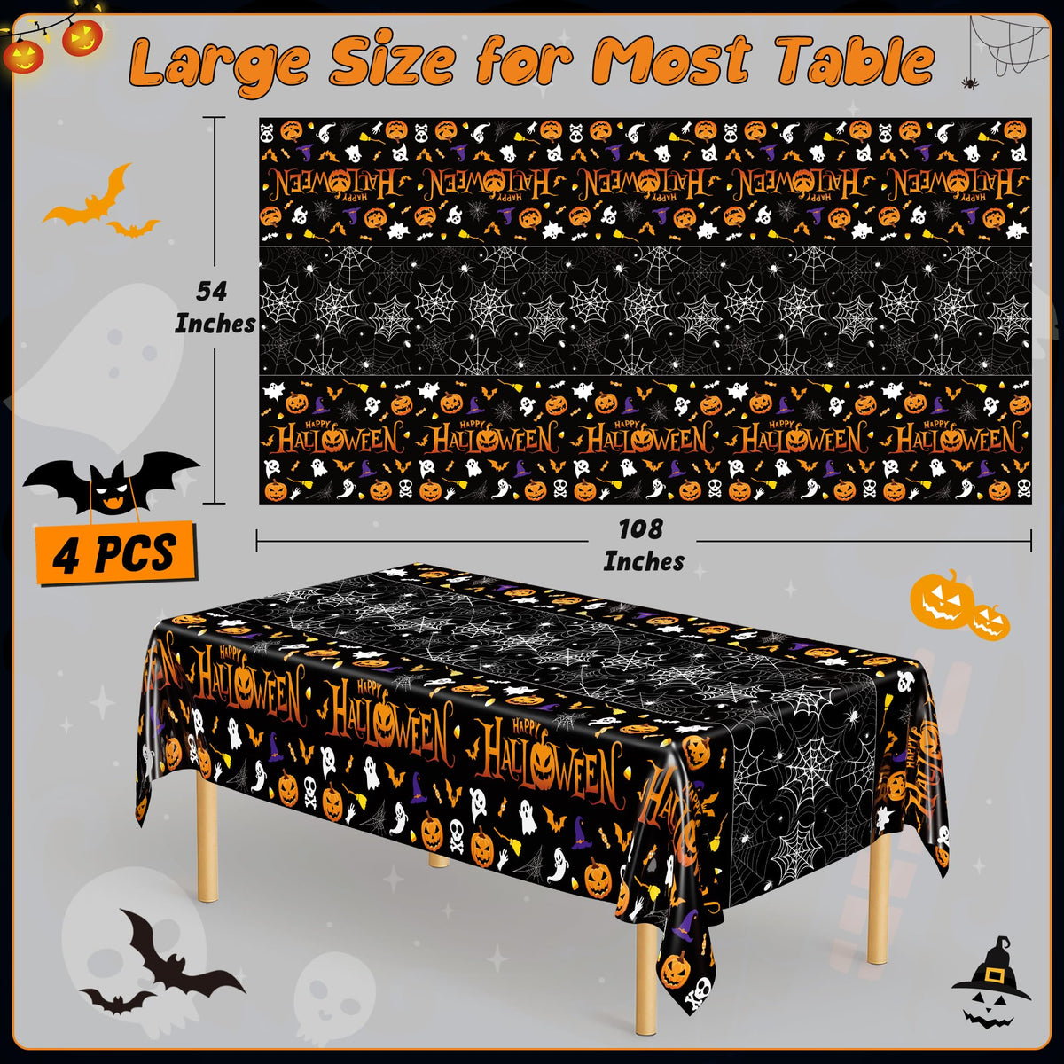 4 Pack Halloween Tablecloth 54 x 108 Inch Pumpkin Spider Web Table Cover | Disposable PE3 Plastic Tablecloth, Waterproof Tablecover for 6-8 Foot Tables, Halloween Pumpkin Decorations Party Tableware