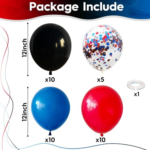 12 Inch Red Blue Black Balloons for Spider Cool Man Birthday Decorations | Royal Blue Red Black Helium Latex Balloon Kit for Boys Spider Halloween Theme Decor Super Men Hero Party Decoration Supplies