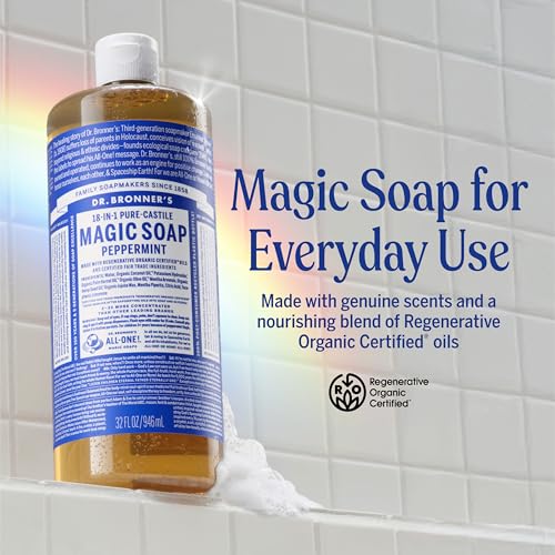 Dr. Bronner's Peppermint Pure-Castile Liquid Soap, Hand Soap, 32 oz | 18-in-1 Uses: Body Wash & Hand Soap for Men and Women, Shampoo, Face, Laundry, Floors, Cars, Pets - Fair Trade & Organic Oils