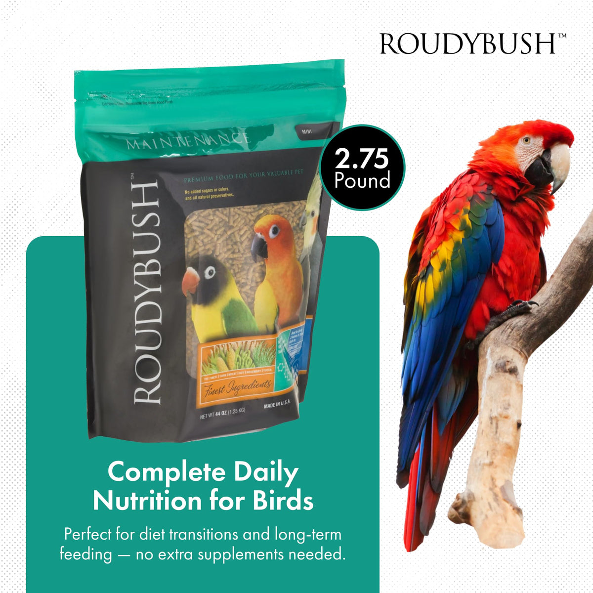 RoudyBush Daily Maintenance Food for Birds - Scientifically Formulated Bird Feed - Bird Food Pellets w/Corn, Wheat, Soy & More - Nutritious & Healthy Feed for Birds (Mini, 44oz)