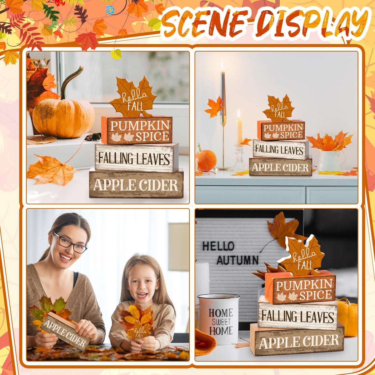 Moucuny 4 Pcs Fall Decor Wooden Maple Leaf Decoration Thanksgiving Decor | Rustic Stackable Blocks with Apple Cider Leaves Sayings,Thanksgiving Table Centerpiece, Farmhouse for Autumn Harvest Party