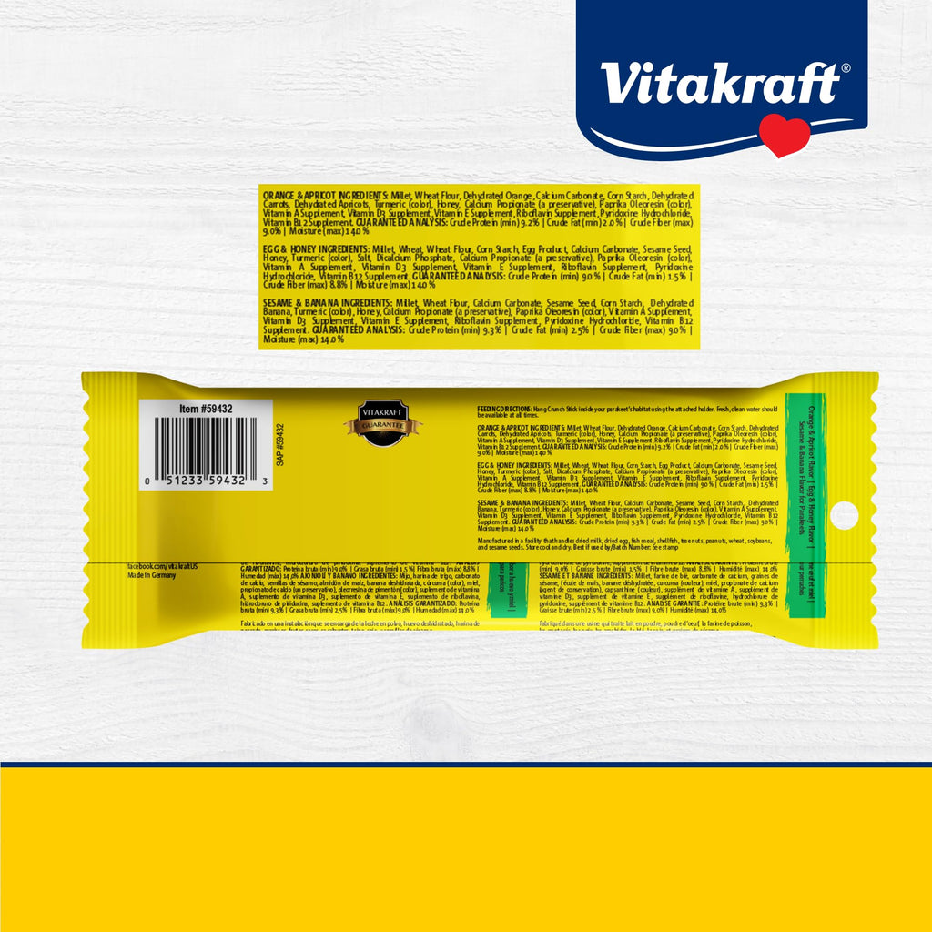 Vitakraft Crunch Sticks Parakeet Treat Vrty Pk Orange/Egg/Banana-3 Sticks | Variety Flavor Coating, Baked Crispy Mix, Natural Wood Center, Encourages Foraging Chewing, 3 Count Pack
