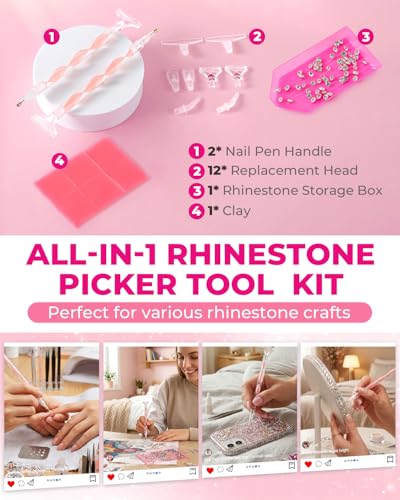 Rhinestone Picker Tool Kit: 2Pcs Rhinestone Picker Handle, Dual-Ended Rhinestones Applicator Dotting Pen with 12 Upgraded Plastic Replacement Tips, Clay, Bedazzling Tools for Nail Art Craft (Pink)