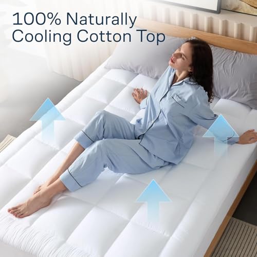 Niagara Sleep Solution 100% Cotton Top Queen Size Mattress Pad, Pillow Top | Cloud-Like Soft Mattress Topper, Breathable Cover, 20" Deep Pocket, Back Pain Relief, Perfect for Hot Sleepers, White