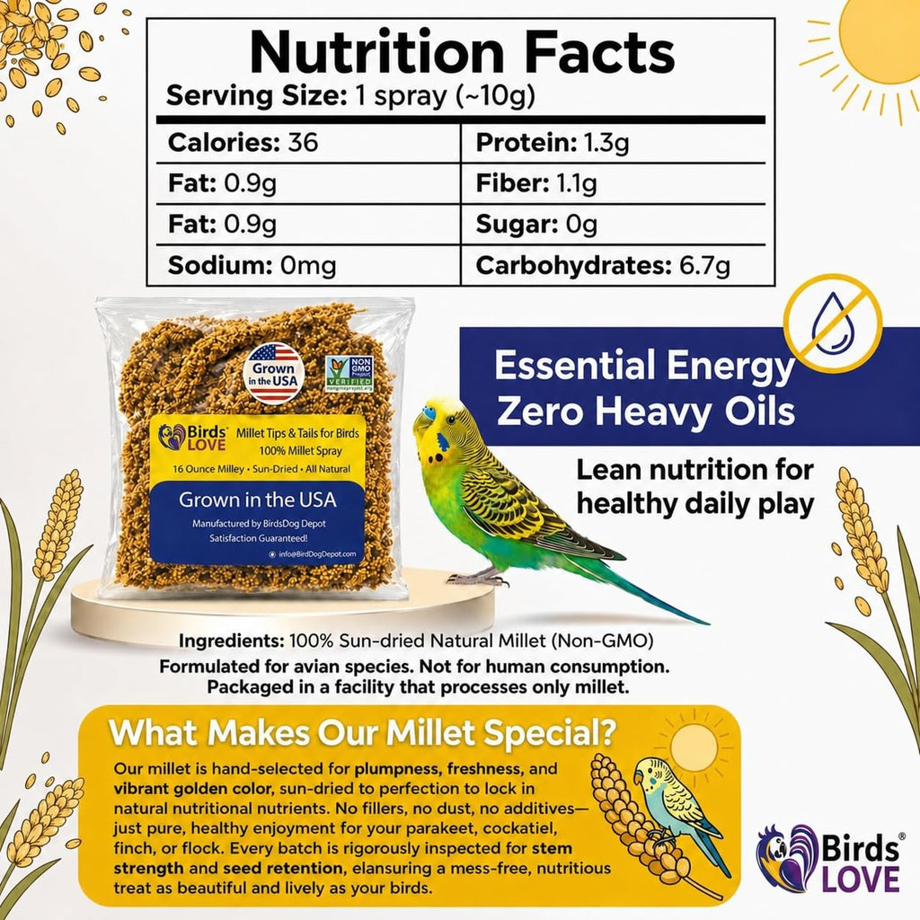 Birds LOVE® Millet Tips & Tails for Birds – Premium Spray Millet Treat, Non-GMO, USA Grown – Natural Bird Food for Parakeets, Cockatiels, Budgies, Lovebirds, Finches, Canaries & Parrots – 1 lb