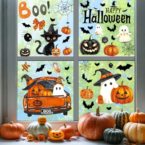 Halloween Window Clings Stickers Decor Fall Halloween Decorations Indoor | 8 Sheets Large Ghost Pumpkin Window Clings for Glass Windows & Doors, Holiday Window Decals for Home Office Classroom Parties