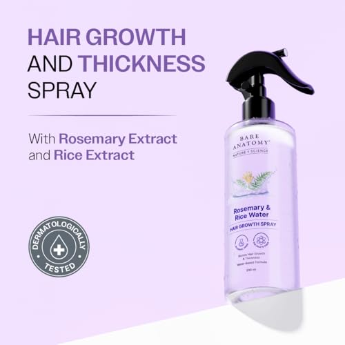 Bare Anatomy Nature x Science Rosemary Water Spray for Hair Growth & Hair Thickness with Rice Water |100% Natural Extract | Soft & Smooth Hair| Controls Hairfall| Non-Greasy & Fast Absorbing | 200ml