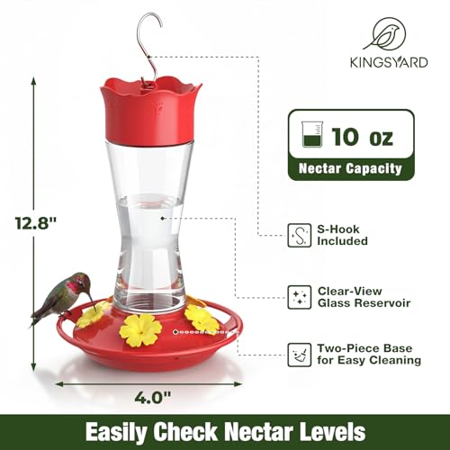 Kingsyard 2-Pack Glass Hummingbird Feeder for Outdoors Hanging, 10 oz Leak-Proof Humming Bird Feeders with Ant Moat & Bee Proof Feeding Ports, Hummingbird Gift for Bird Lovers (Clear)