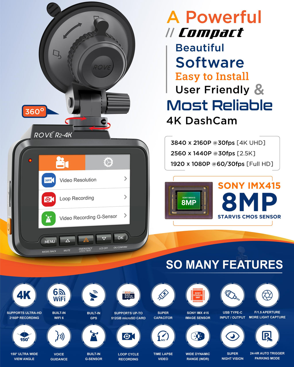ROVE R2-4K Dash Cam, 4K UHD 2160P Car Camera, 8MP Sensor, WiFi 6 and GPS | Super Night Vision, 150° Wide Angle, 2.4in Screen, 24-Hr Parking Mode, Supports 512GB Max, Dash Camera for Cars Trucks