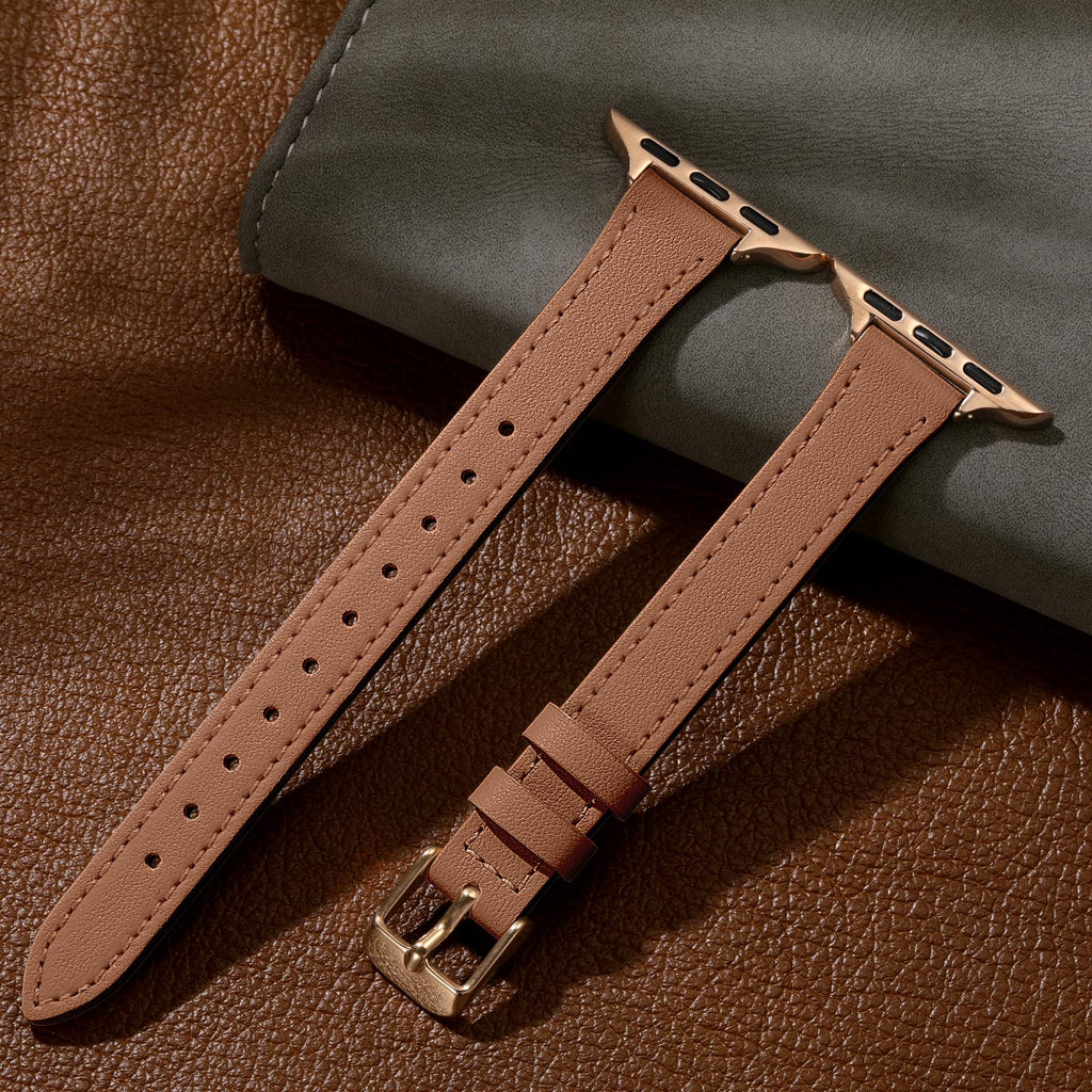 Charlam Slim Leather Band Compatible with Apple Watch Bands for Women 40mm 38mm 41mm 42mm 44mm 45mm 46mm, Top Grain Genuine Leather Strap Thin Wristband for iWatch Series 12 11 10 SE 9 8 7 6 5 4 3 2 1