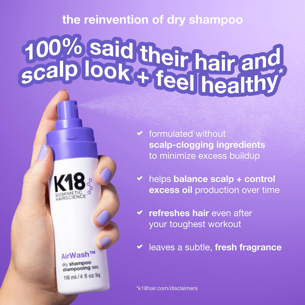 K18 AirWash Travel Non Aerosol Dry Shampoo Spray, 1.6 Fl Oz | Eliminate Odor, Reduce Oil + Sweat, No White Cast or Heavy Fragrance, Fresh Hair + Scalp for 3 Days