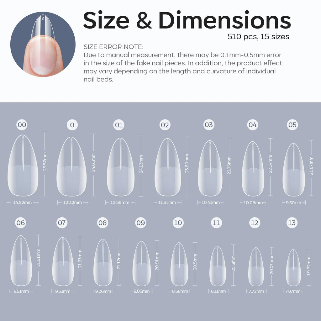 Modelones Almond Nail Tips 510pcs Medium Clear Soft Fake Press On Nails Tip | Pre Etched Half Matte Full Cover Clear Acrylic Gel False Press on Extension