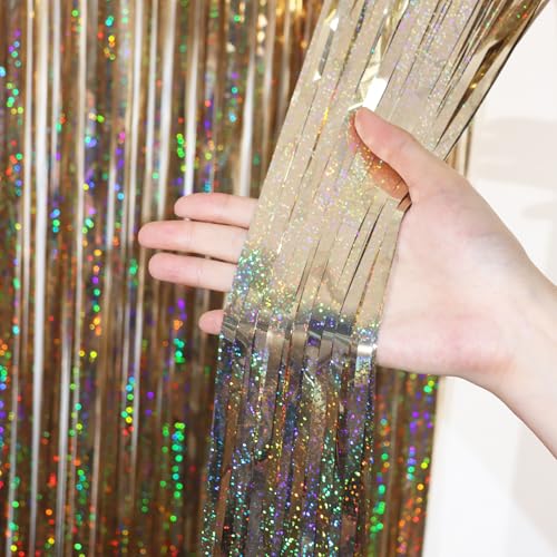 Voircoloria Champagne Foil Fringe Backdrop Curtains, 3.3x6.6ft, 3pcs | Tinsel Streamers, Birthday Party Decorations, Baby Shower, Gender Reveal, Graduation