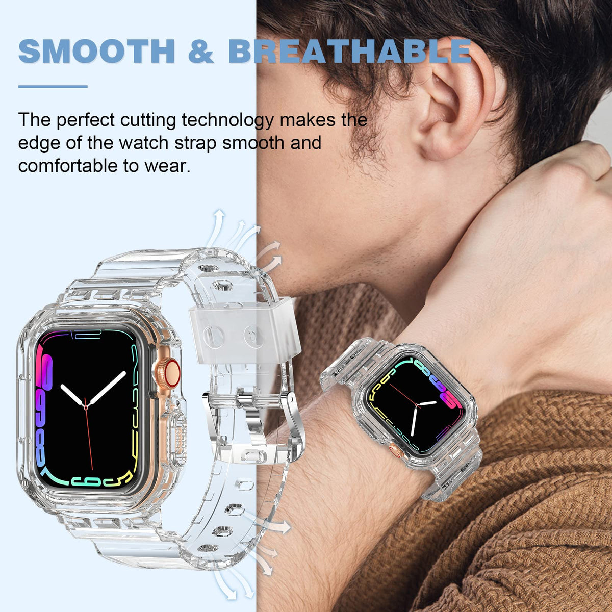 XYF Compatible for Crystal Clear Apple Watch Bands 45/44mm CrystalClear | Jelly Sport Strap&Bumper Case Cover for Men Women,Compatible for iWatch Series 9 8 7 6 5 4 SE 3 2 1,45mm/44mm Crystal Clear