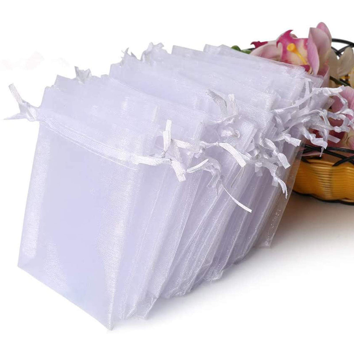Hopttreely 100PCS Premium Sheer Organza Bags, White Wedding Favor Bags with Drawstring, 4x4.72 Jewelry Gift Bags for Party, Jewelry, Christmas, Mother's Day, Festival, Bathroom Soaps, Makeup Organza Favor Bags