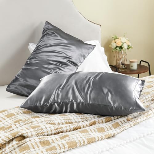 BEDELITE Satin Pillowcases, Queen Size 20x30 Inch, Dark Grey, Set of 2 | Similar to Silk Pillow Cases, Soft and Cooling, Reduces Friction, Gentle on Hair and Skin, Envelope Closure, Women Men Gift