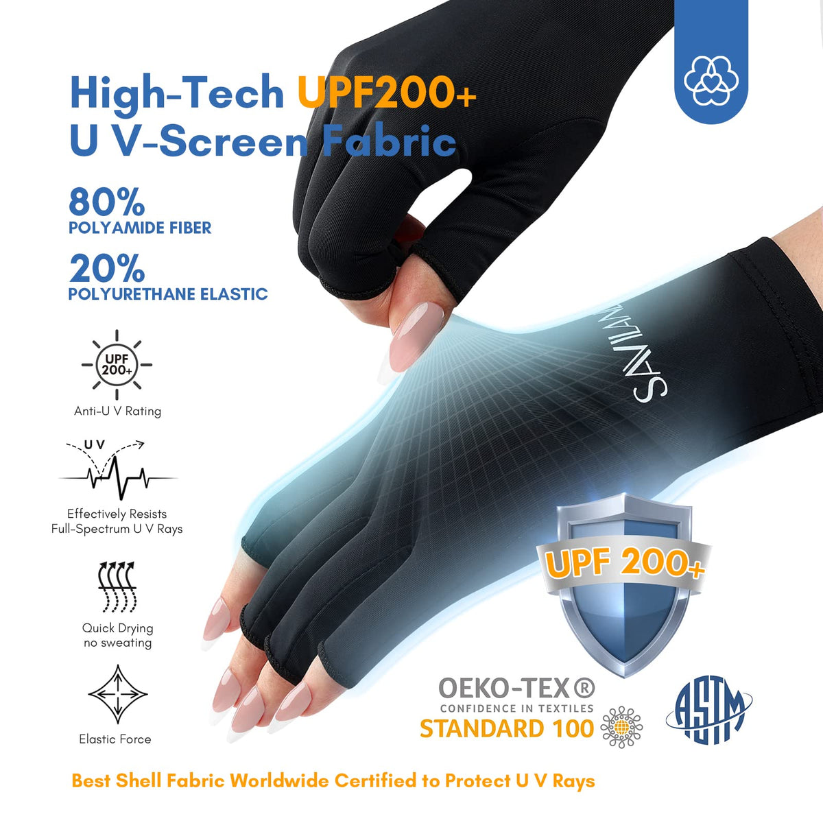SAVILAND UPF200+ UV Gloves for Gel Manicures One Size Fit Most Black | Sun & UV Protection Anti UVA & UVB 999+, Fingerless Gloves, UV Light Gloves Prevent Hands from UV Harm