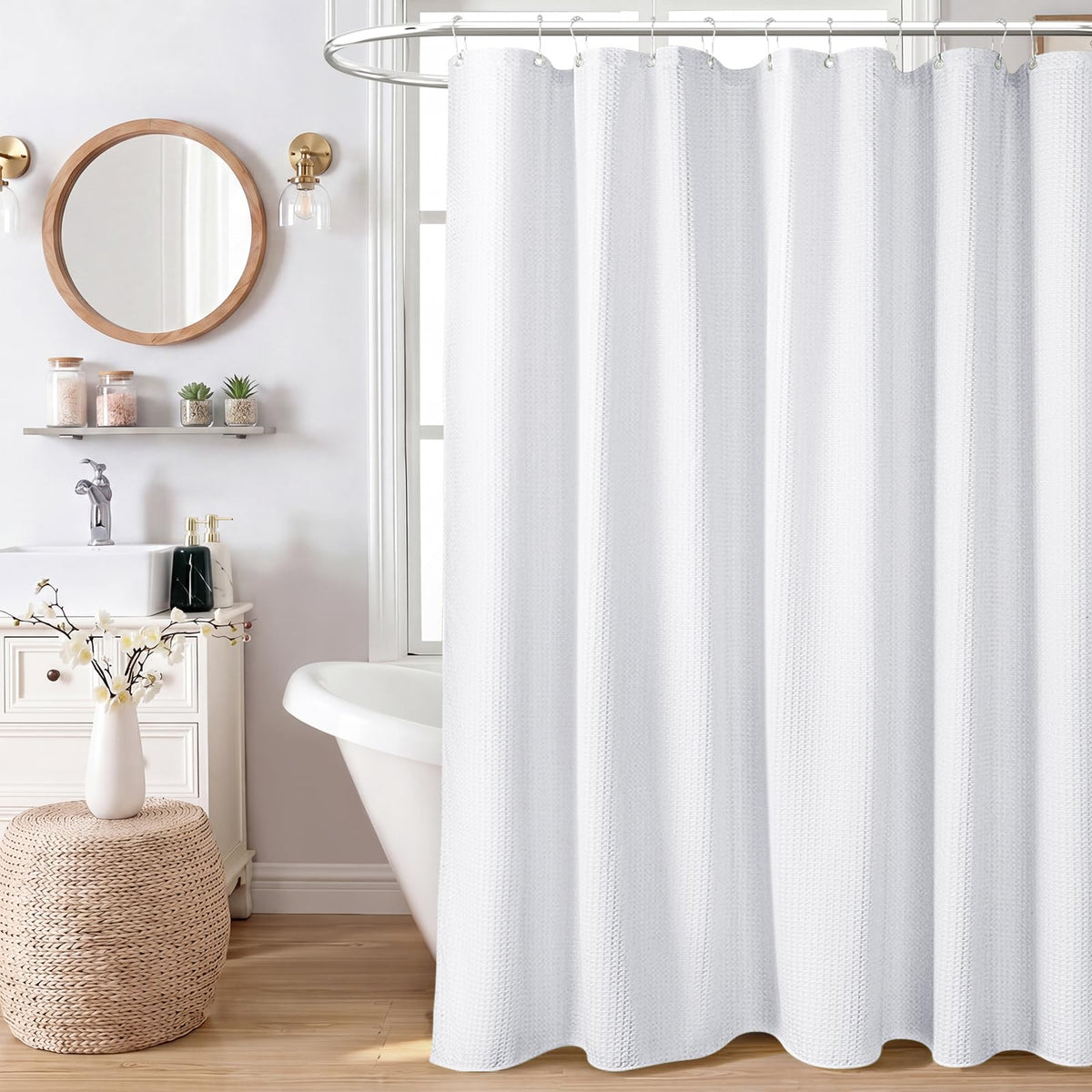 Dynamene Waffle Shower Curtain 256 GSM Heavy Duty Fabric 72"x72" White | Thick Textured Cloth, Weighted Hem, Water Repellent Washable, Hotel Luxury Polyester Shower Curtain Set for Bathroom 12 Hooks