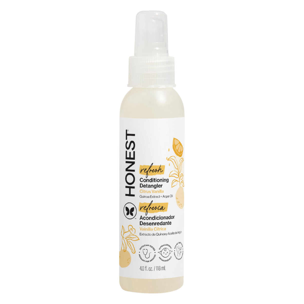 The Honest Company Hair Detangler, Citrus Vanilla Refresh, 4 fl oz | Leave-In Conditioner & Detangler Spray, 4 Fl Oz. Tear-Free, Hypoallergenic. Gentle For Baby's Sensitive Skin.