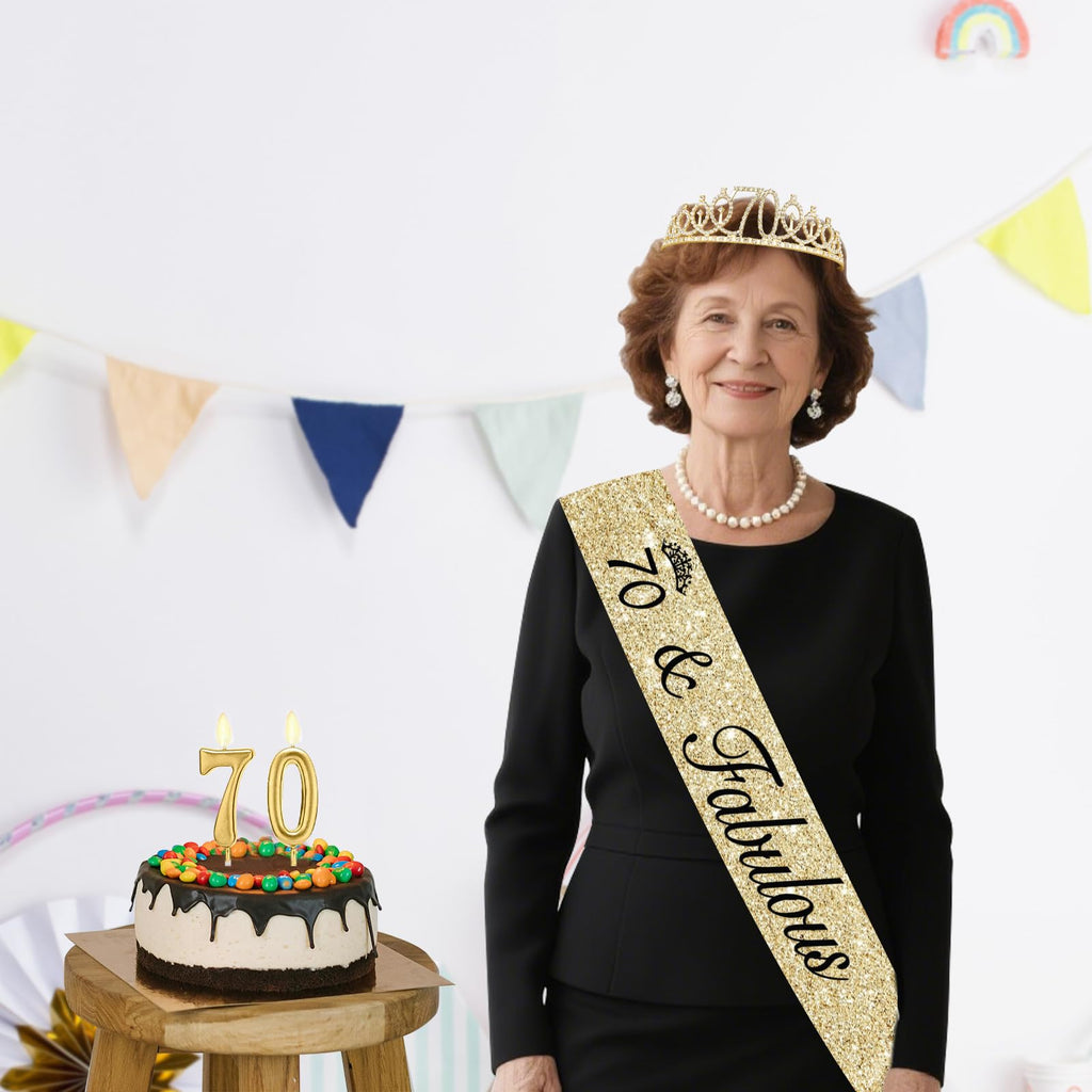 70th Birthday Decorations for Women Gold with Sash and Tiara, Gold Number Candles, 70th Birthday Gifts for Women