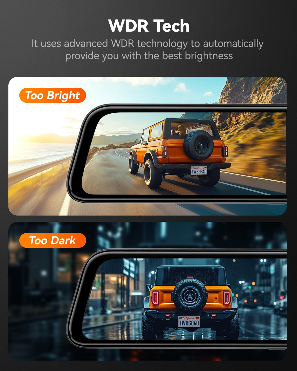 WOLFBOX G840S 12" 4K Mirror Dash Cam Backup Camera with 32GB Card and GPS | 5.8GHz WiFi Smart Rearview Mirror for Cars & Trucks, Front and Rear View Dual Cameras, Night Vision, Parking Assistance