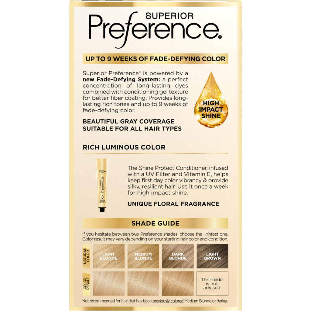 L'Oreal Paris Superior Preference Luminous Fade-Defying Permanent Hair Color, Hair Dye For Up to 9 Weeks of Radiance, Natural Blonde 9, 1 Hair Dye Kit