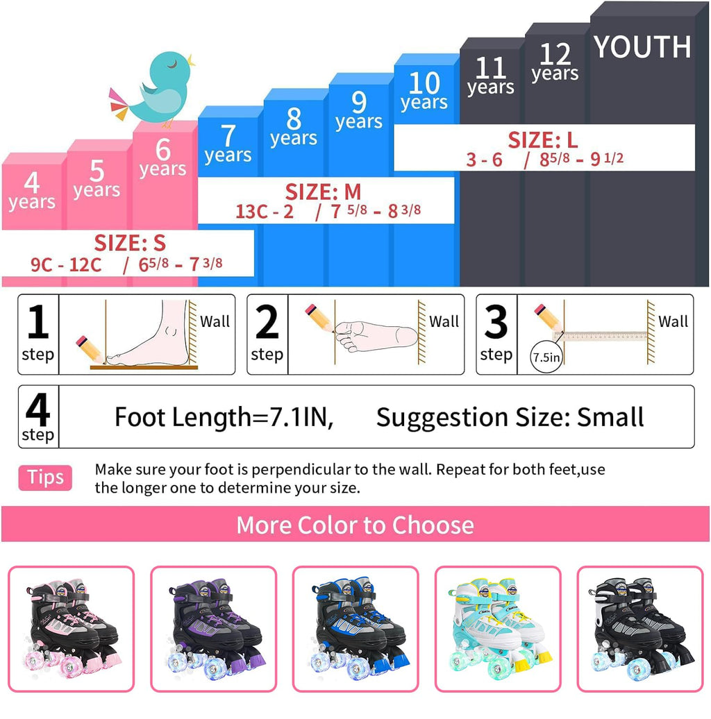 Nattork Roller Skates for Kids Boys Girls, 4 Size Adjustable Rollerskates with Light Up Wheels for Children Beginners for Outdoor Indoor