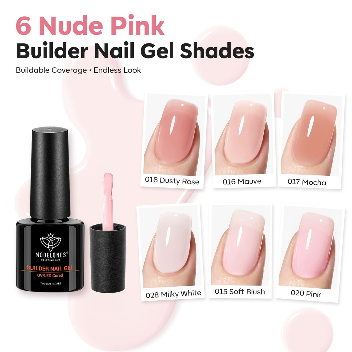 modelones Builder Nail Gel, Builder for Nails Jelly Nude Pink 6 Colors | Fall Hard Strengthener Rubber Base Gel Polish 8-in-One Extension LED Nail Lamp Cured