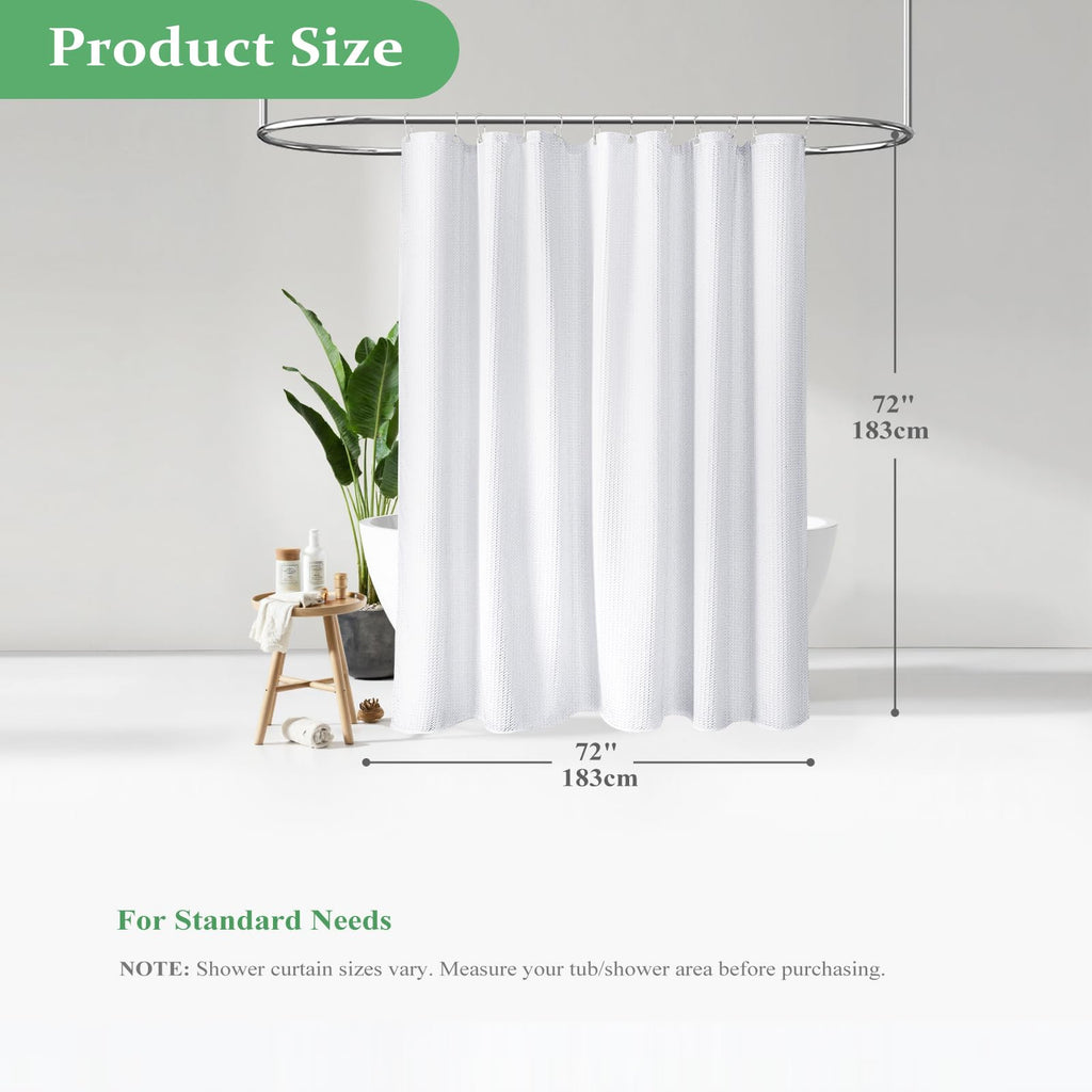 Dynamene Waffle Shower Curtain 256 GSM Heavy Duty Fabric 72"x72" White | Thick Textured Cloth, Weighted Hem, Water Repellent Washable, Hotel Luxury Polyester Shower Curtain Set for Bathroom 12 Hooks
