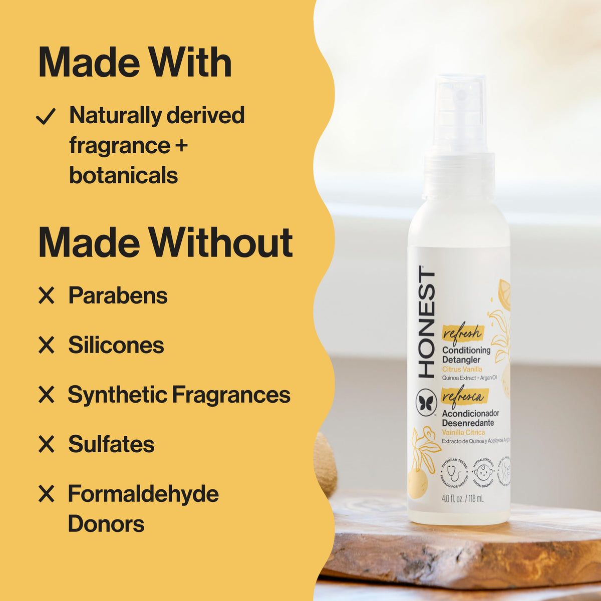 The Honest Company Hair Detangler, Citrus Vanilla Refresh, 4 fl oz | Leave-In Conditioner & Detangler Spray, 4 Fl Oz. Tear-Free, Hypoallergenic. Gentle For Baby's Sensitive Skin.