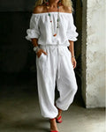 Off-Shoulder Tie Waist Cinched Waist Jumpsuit