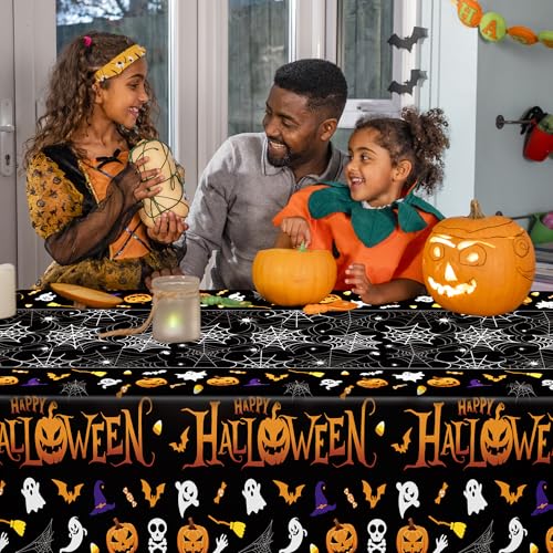 4 Pack Halloween Tablecloth 54 x 108 Inch Pumpkin Spider Web Table Cover | Disposable PE3 Plastic Tablecloth, Waterproof Tablecover for 6-8 Foot Tables, Halloween Pumpkin Decorations Party Tableware