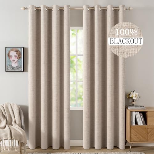 MIULEE 100% Blackout Linen Curtains for Bedroom 52x84 Inches Natural Beige | Room Darkening, Light Blocking, Thermal Insulated, Grommet Top, Linen Textured, Window Curtains for Living Room, 2 Panels