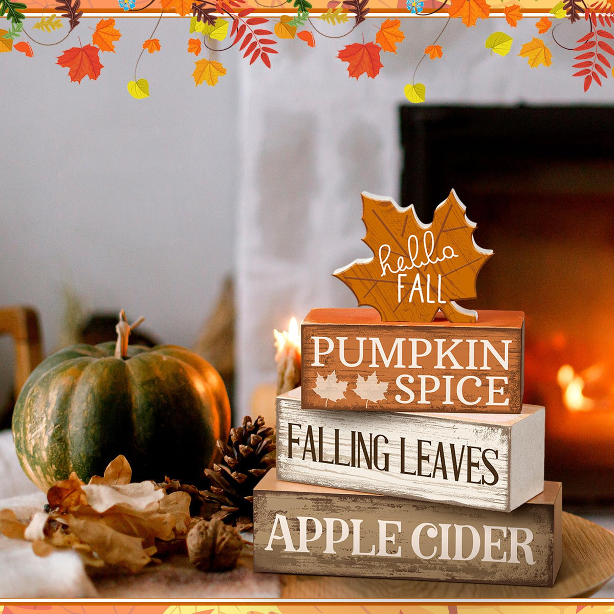 Moucuny 4 Pcs Fall Decor Wooden Maple Leaf Decoration Thanksgiving Decor | Rustic Stackable Blocks with Apple Cider Leaves Sayings,Thanksgiving Table Centerpiece, Farmhouse for Autumn Harvest Party