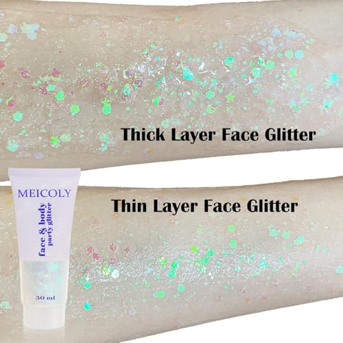 MEICOLY Clear White Face Body Glitter Gel, Halloween Mermaid Fairy Hair Glitter Makeup for Kids Women,Sparkly Party Singer Concerts Glitter Gel,Mardi Gras Rave Running Half Marathon Accessories,50ml
