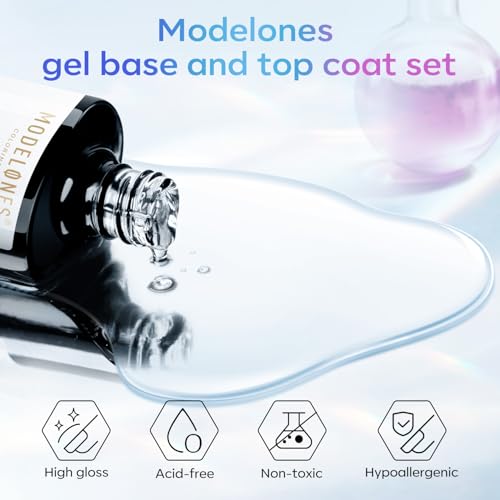 modelones Gel Top Base Coat Set 15ml 2026 Upgrade No Wipe Super Shine | Clear Glossy Gel Polish Acid Free Shiny for Press Ons Acrylic Gel Nail Art Soak Off U V Lamp Cure DIY Home Salon Manicure