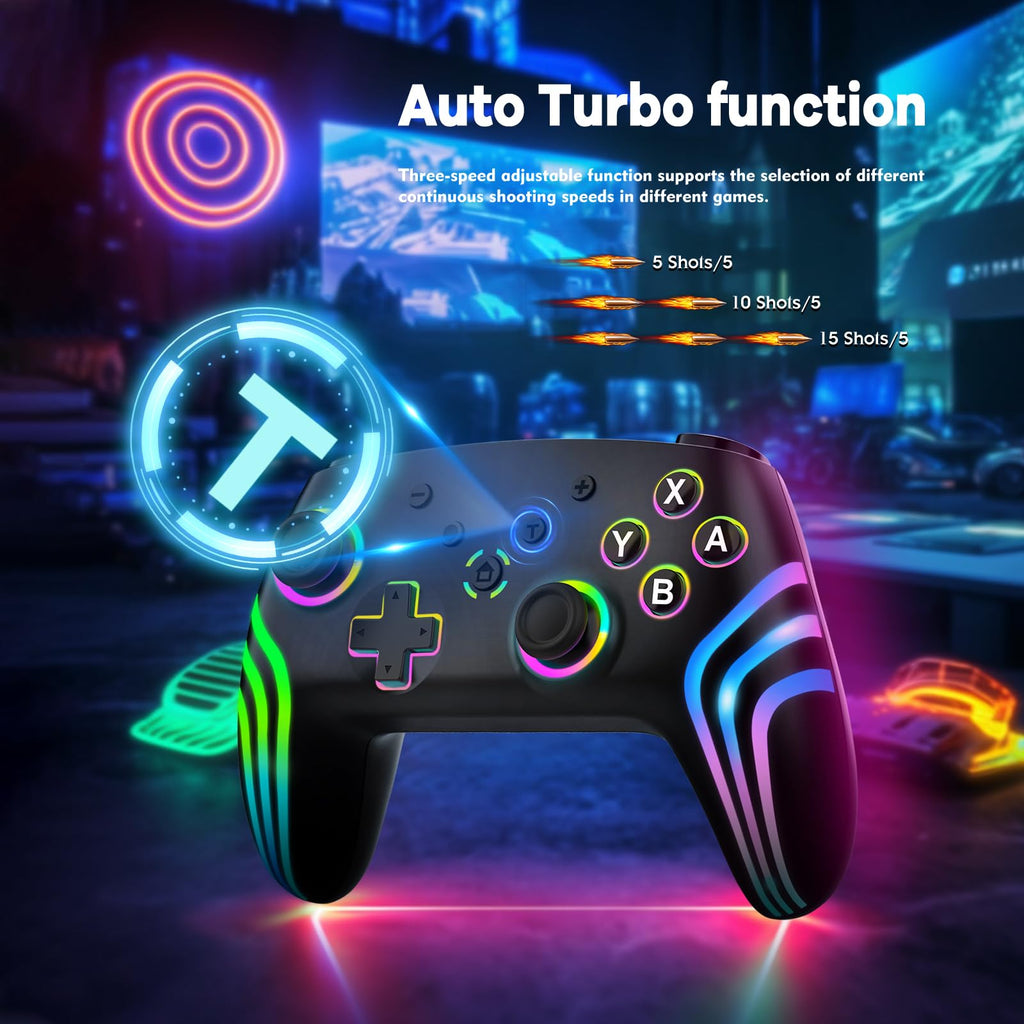 MYSTILUCK Wireless Pro Controller for Switch/Switch 2/Lite/OLED/PC | Gamepad with 7 Color-Changing RGB Lighting/Dual Vibration/6-Axis Gyroscope/Turbo, Ergonomically Designed Precise Joystick