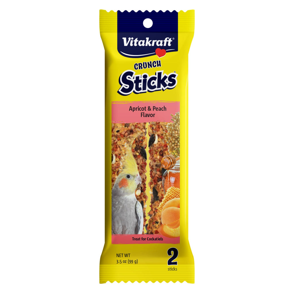 Vitakraft Crunch Sticks Cockatiel Treat Apricot & Peach Flavor - 2 Sticks | Real Dried Fruit, Sweet Honey Coating, Natural Wood Center, Encourages Foraging Chewing, 2 Count Pack