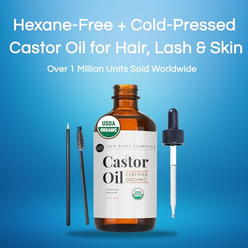 Kate Blanc Cosmetics Castor Oil Organic for Hair, Lashes, Face, Skin (2oz) | 100% Pure, Cold Pressed, Hexane Free Hair Oil in Glass Bottle. Lash Serum for Thicker-Looking Eyelashes & Eyebrows
