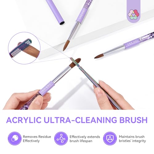 SAVILAND Kolinsky Acrylic Nail Brush Size 6,10,14 with Brush Cleaner Purple | Professional Nail Brushes, Cleaner Manicure Tool, Acrylic Brush Acrylic Powder, Nails Extension 3D Carving for Nail Art DIY