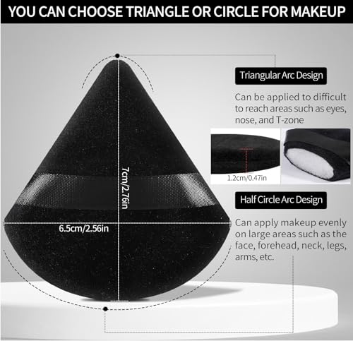 Pimoys Powder Puffs, 6 Pack Triangle Makeup Puff, Black | Soft Velour, Triangle and Round Design, Washable, Finger Strap, for Loose Powder