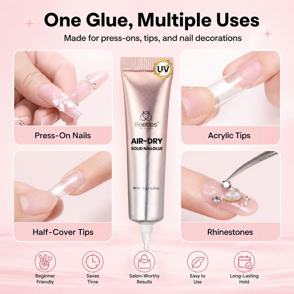 Beetles Semi Solid Nail Glue, 10g Super Strong Nail Glue for Press Ons | No UV Lamp Needed, Air-Dry Formula with Gap-Filling Texture for Easy Control, Quick-Drying Long-Lasting Hold